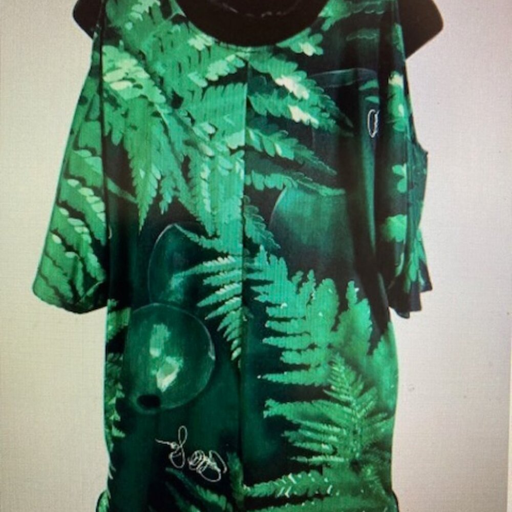 KINI ZAMORA HAWAIIAN FERN COLD SHOULDER TOP BLOUSE TUNIC MADE IN HAWAII SWEET XS